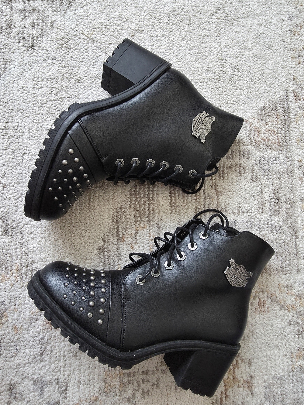 Women's Black Stud-Accent Lace-Up Combat Boots